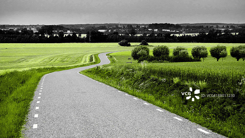 绿色景观中的狭窄蜿蜒道路图片素材