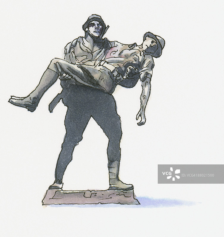 黑白插画：穆罕默德契克纪念馆，土耳其士兵帮助澳大利亚士兵图片素材