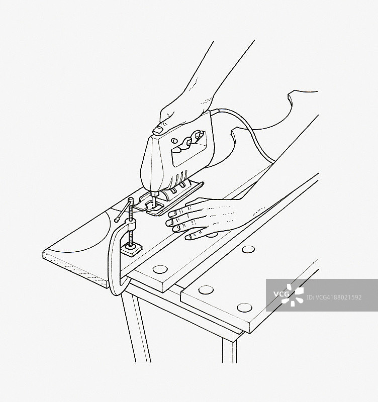 用曲线锯切割木材的男子黑白插图图片素材