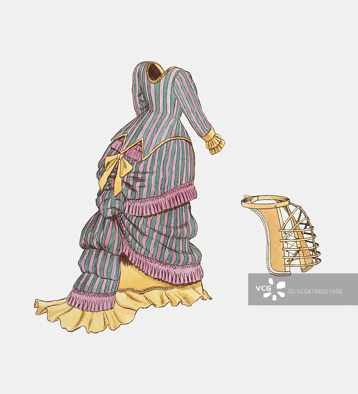 19世纪裙撑风格连衣裙插画，展示木质裙撑框架图片素材