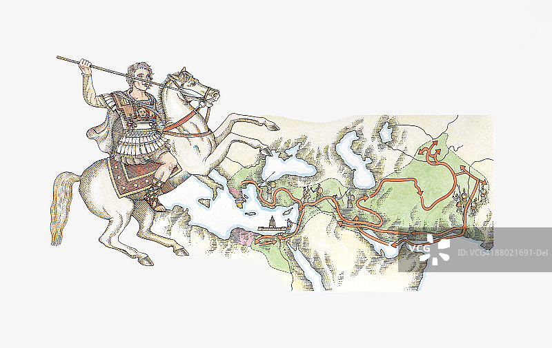 亚历山大大帝（公元前336-323年）手持长矛，骑在他的坐骑布西发拉斯上，站在他的帝国地图上图片素材