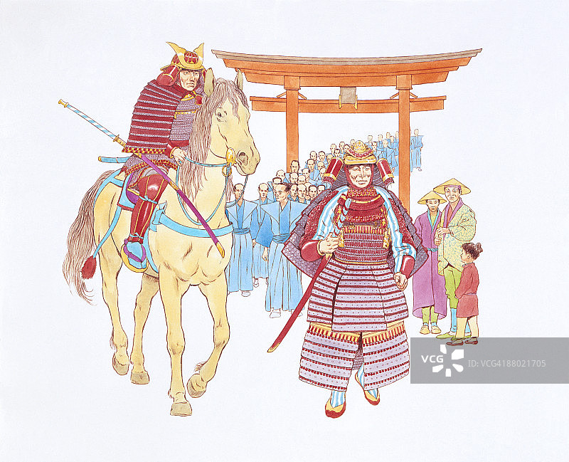 江户时代武士带领队伍巡游场景插图图片素材