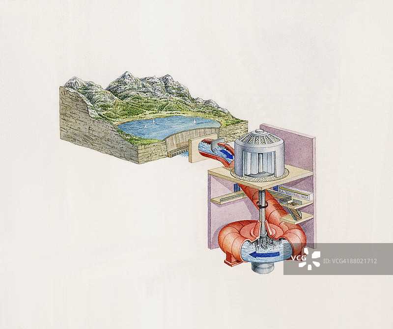 奥地利山区水库为水力发电涡轮机储水插画图片素材
