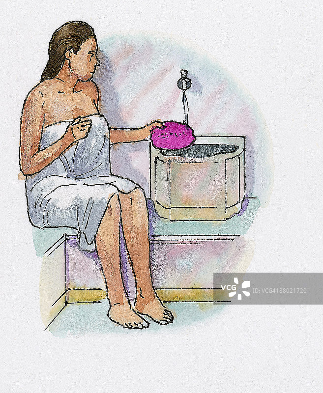在桑拿房里，女人坐在从水龙头流向热木炭的水边的插画图片素材