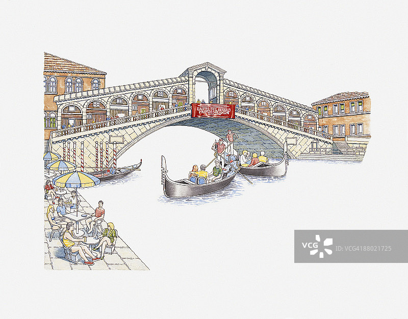 威尼斯大运河上贡多拉在里亚托桥下穿行插画图片素材