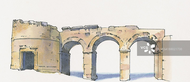 希拉波利斯的多米提安门和圆形塔楼插画图片素材