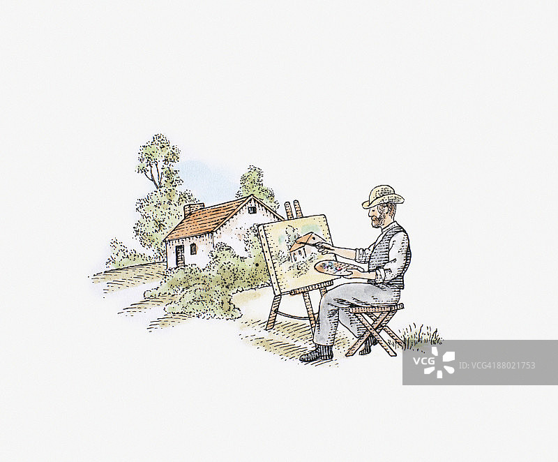 印象派艺术家在画布上画乡村小屋插画图片素材