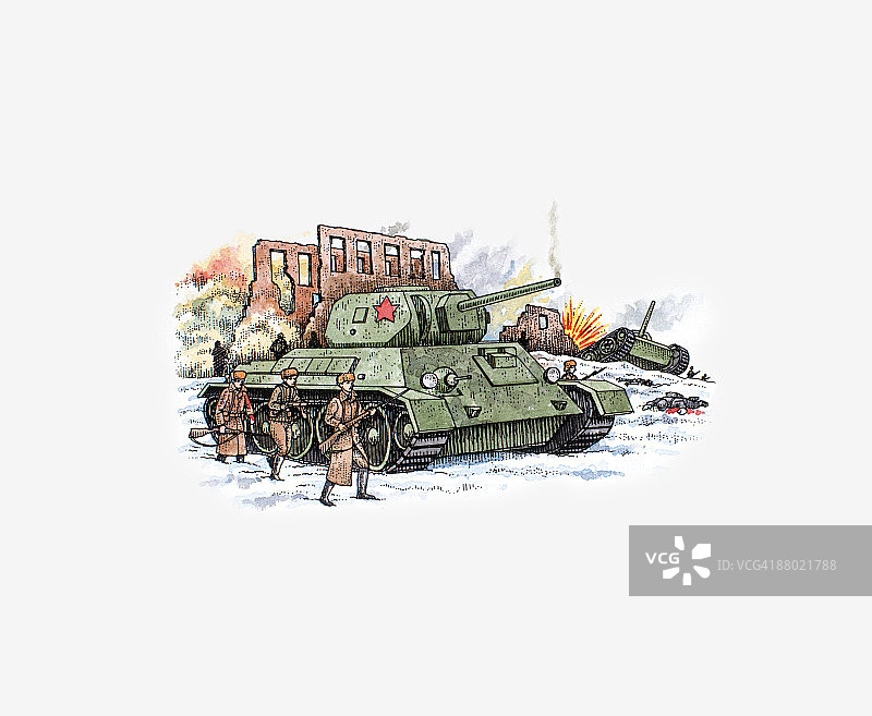 1943年莫斯科战役期间的苏联坦克和士兵插画图片素材
