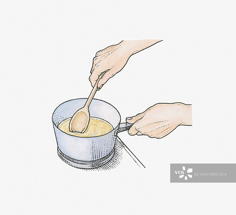 插画：用木勺在平底锅中搅拌融化的蜡以制作DIY瓷砖密封剂图片素材