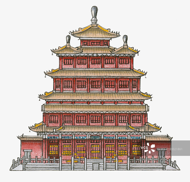 中国传统多层宝塔楼阁插画图片素材