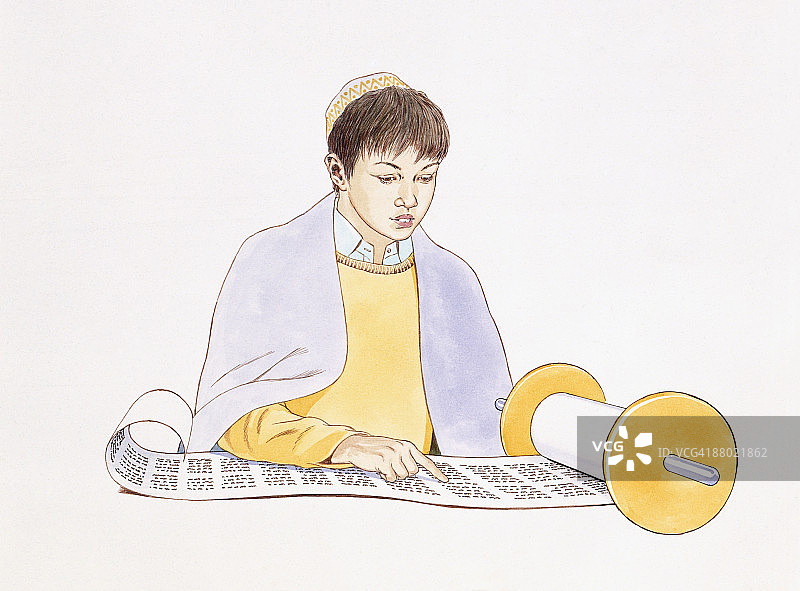 阅读《妥拉》的犹太少年插画图片素材