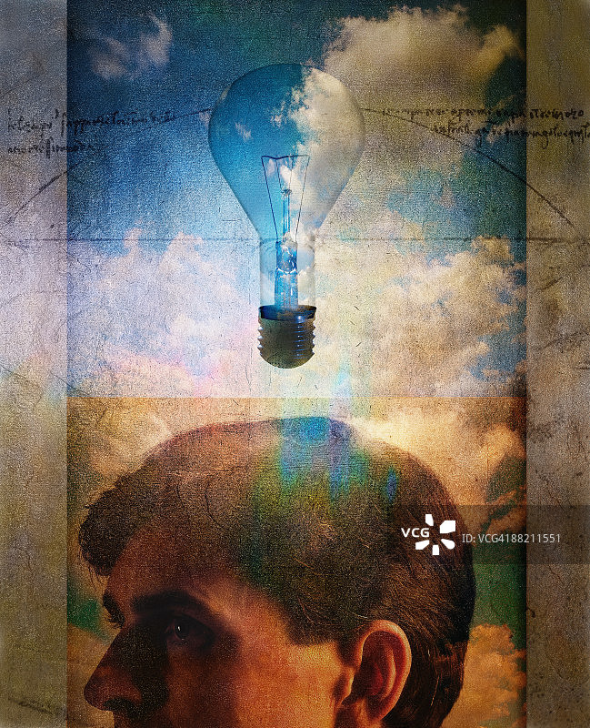 男人头顶的灯泡图片素材