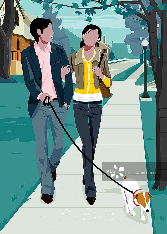 男女遛狗图片素材