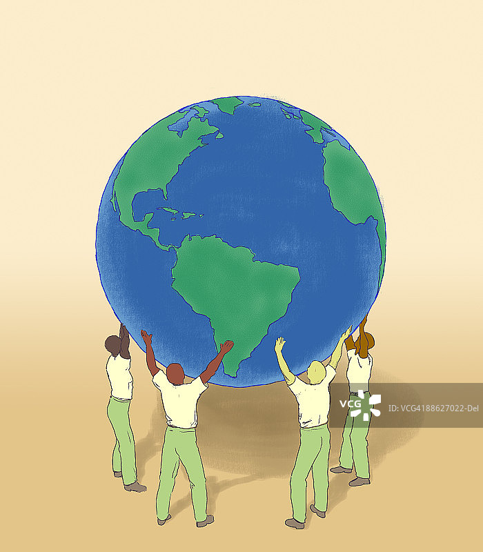 不同种族的人们托举地球图片素材