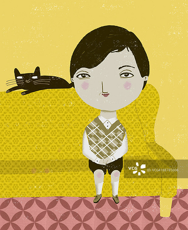 女孩与猫插画图片素材