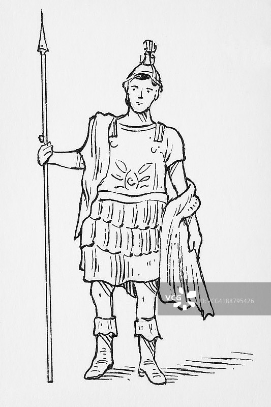 手持标枪的罗马战神玛尔斯黑白插图图片素材