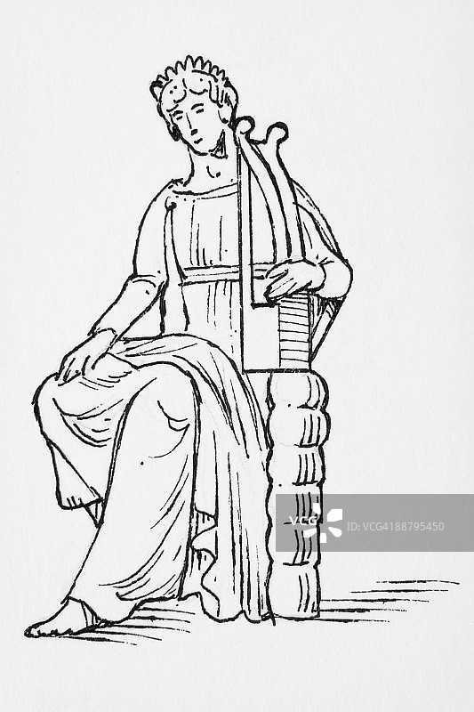 希腊太阳神阿波罗弹奏七弦琴黑白插画图片素材