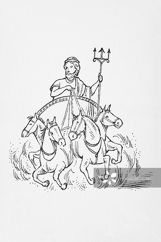 罗马海神波塞冬驾驭四马金 chariot 黑白插画图片素材