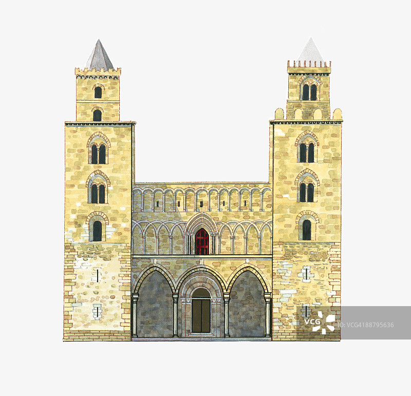 罗马天主教切法卢大教堂双塔立面数字插画图片素材