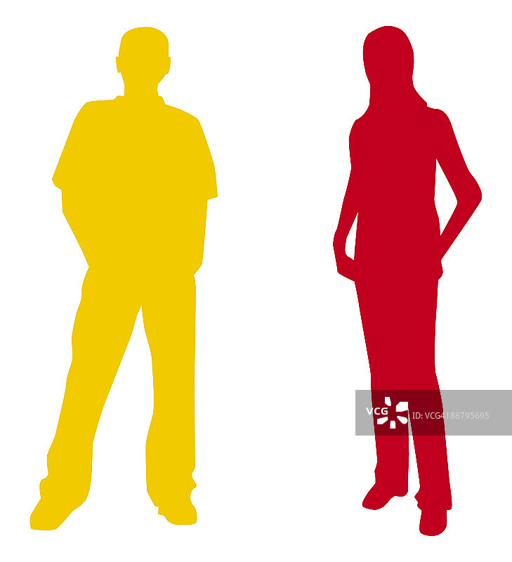 黄色男人和红色女人剪影数字插画图片素材