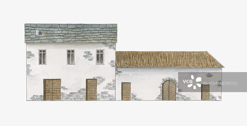 科西嘉岛农舍的数字插画，马厩与农舍相邻图片素材