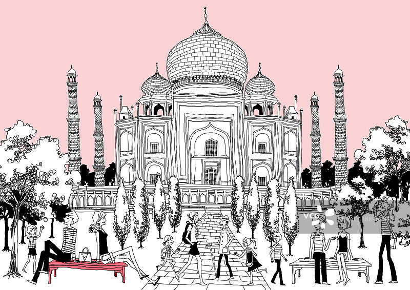 游客在泰姬陵旁休闲放松图片素材