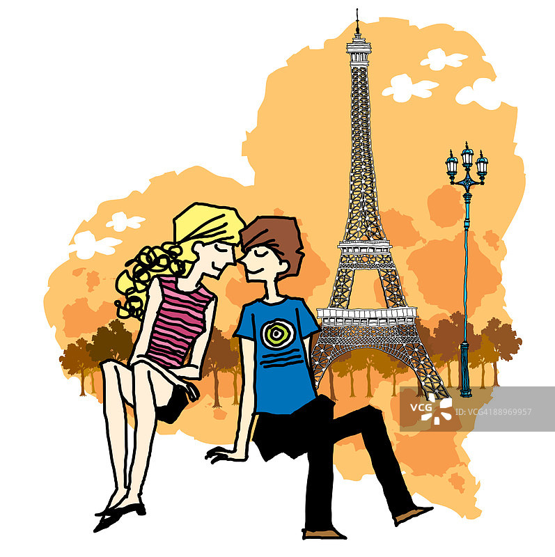 坐在埃菲尔铁塔旁的青少年男女背影图片素材