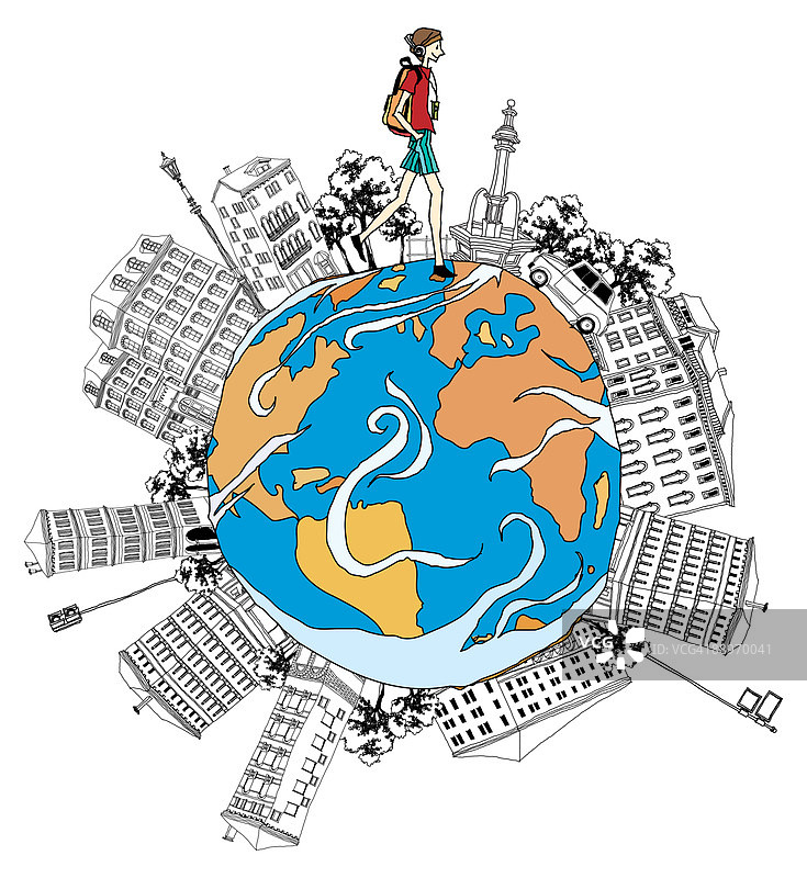 行走在地球仪上的女孩侧面照图片素材