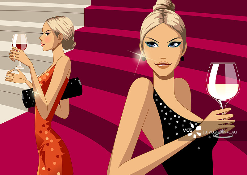 女士在楼梯上端着酒杯特写图片素材