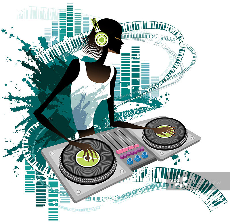 年轻女子在夜总会使用唱盘图片素材