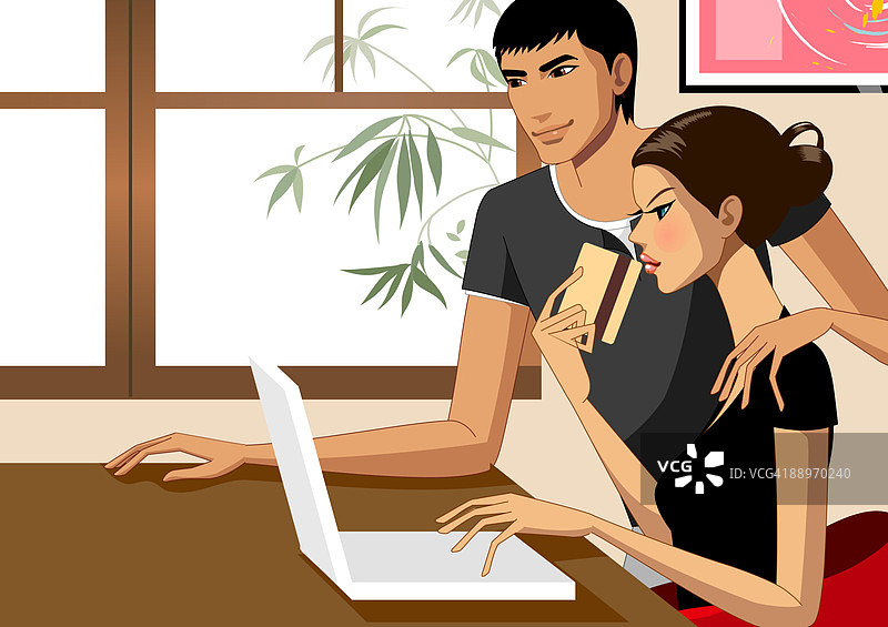 情侣使用笔记本电脑和信用卡侧视图图片素材