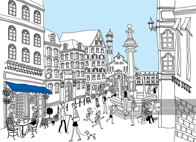 在城镇广场喷泉旁的游客图片素材