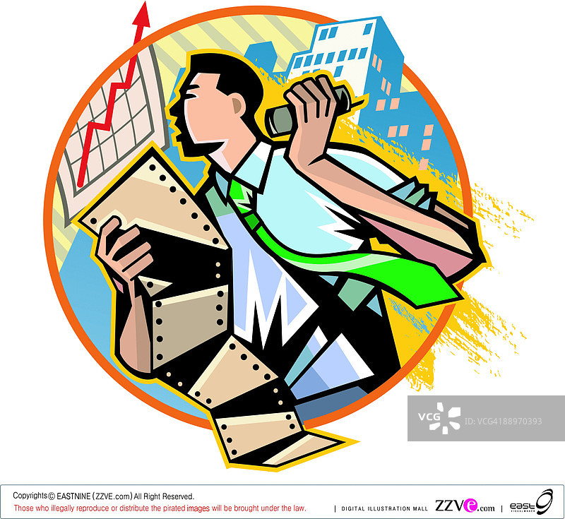 商人手持手机和电脑纸张特写图片素材