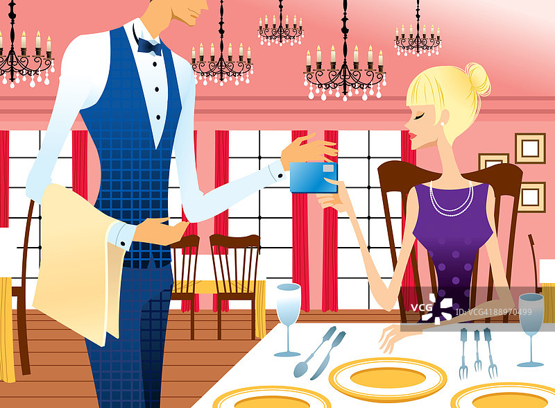 女人递信用卡给服务员图片素材