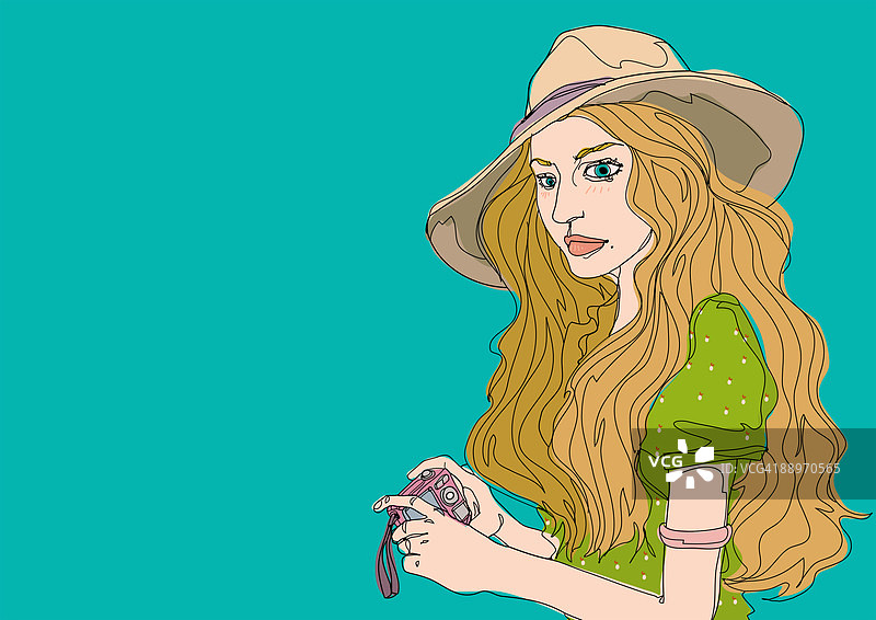 年轻女人拿着相机，影棚拍摄图片素材