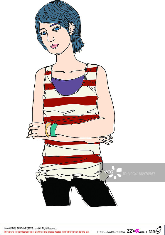 双手交叉站立的年轻女人，工作室拍摄图片素材