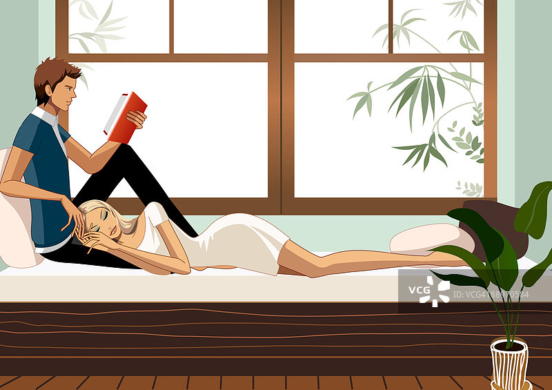 男子在看书，女子在床上睡觉图片素材