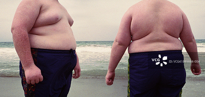 站在海滩上的两个超重男孩（全景）图片素材