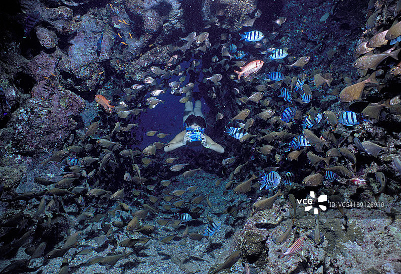 儿童在洞穴中游泳，拍摄斧头鱼图片素材