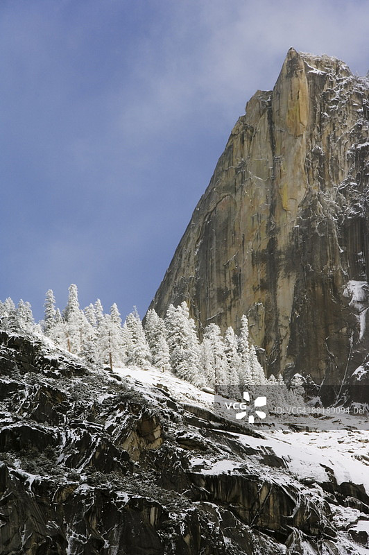 约塞米蒂国家公园大教堂岩石上的新鲜降雪图片素材