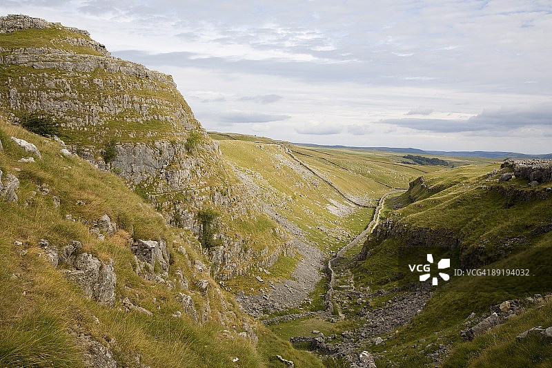 英格斯卡石灰岩山谷风光，位于英国北约克郡马勒姆湾上方图片素材