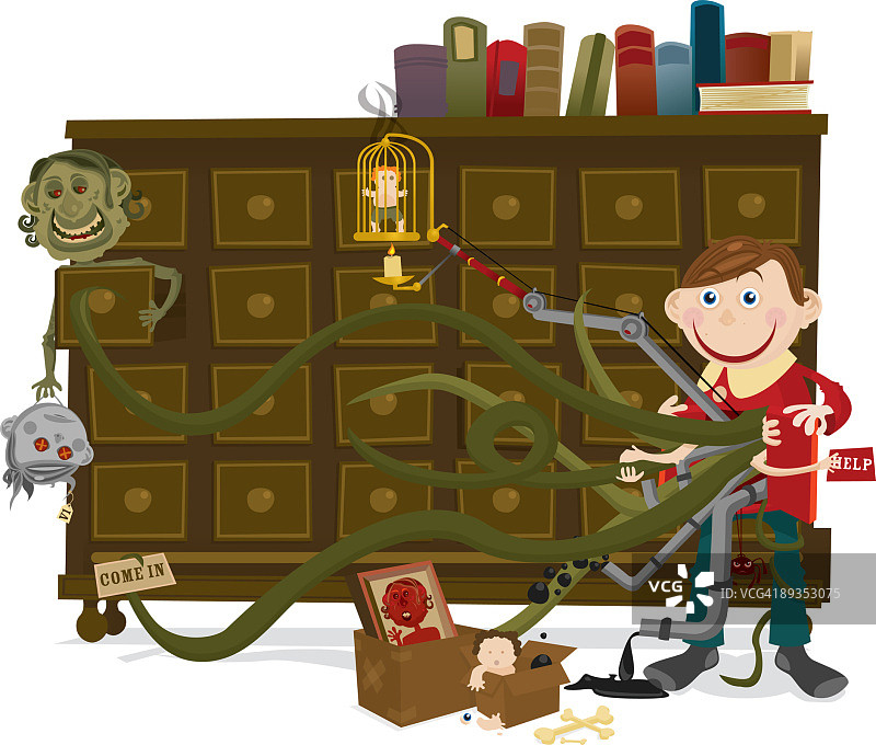 站在梳妆台旁长着怪物肢体的男孩图片素材