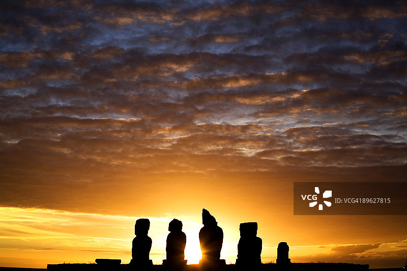 复活节岛日落下的古代摩艾石像剪影图片素材