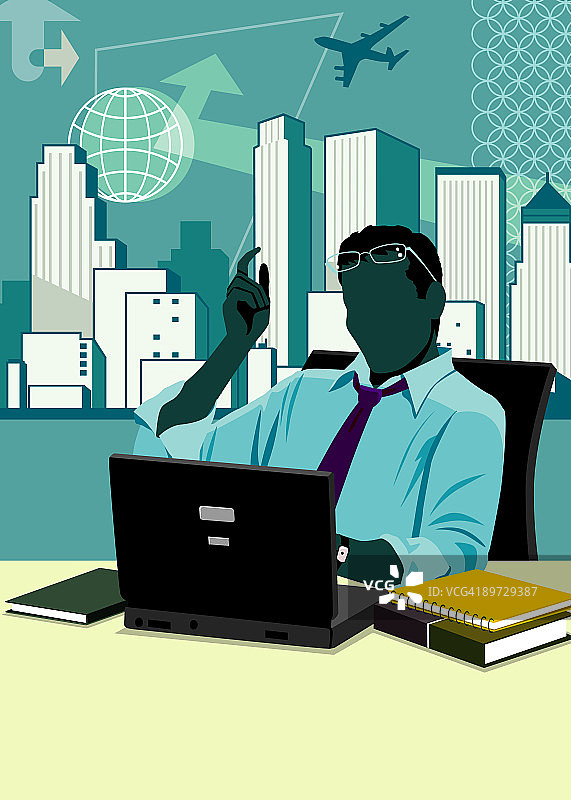 商务人士使用笔记本电脑，背景旅行图形图片素材