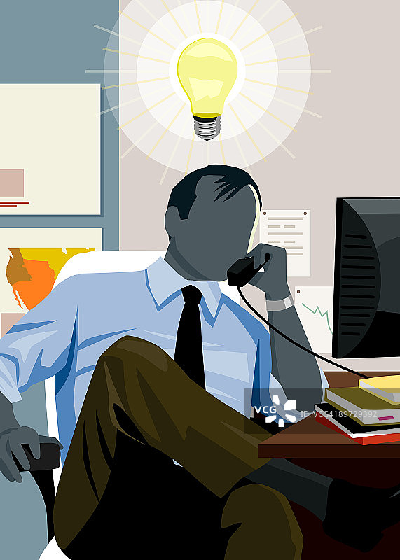头顶灯泡，打电话的商人图片素材