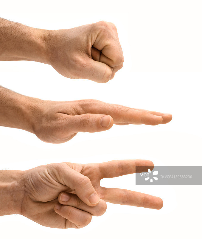白色背景上象征石头剪刀布的孤立男性手图片素材