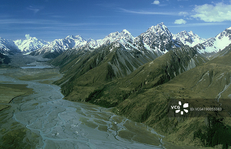 新西兰库克山脉塔斯曼河水系与辫状河床图片素材