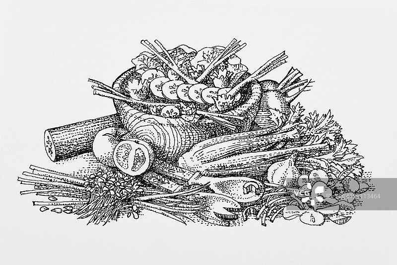 丰富的沙拉蔬菜、木制沙拉碗黑白插画图片素材
