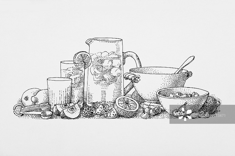 制作鲜榨果汁的原料和用具的黑白插图图片素材