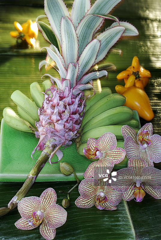 凤梨、香蕉与兰花特写图片素材